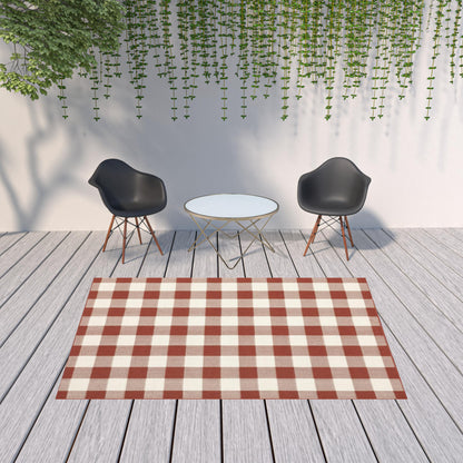 7' X 10' Red and Ivory Geometric Stain Resistant Indoor Outdoor Area Rug