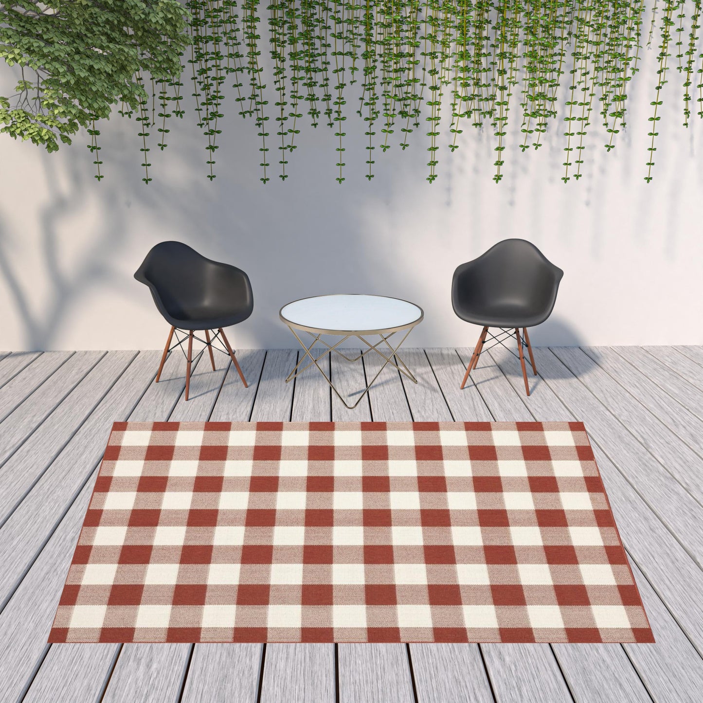 8' X 11' Red and Ivory Geometric Stain Resistant Indoor Outdoor Area Rug