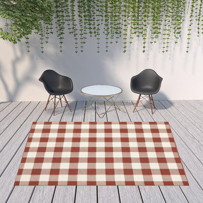 8' X 11' Red and Ivory Geometric Stain Resistant Indoor Outdoor Area Rug