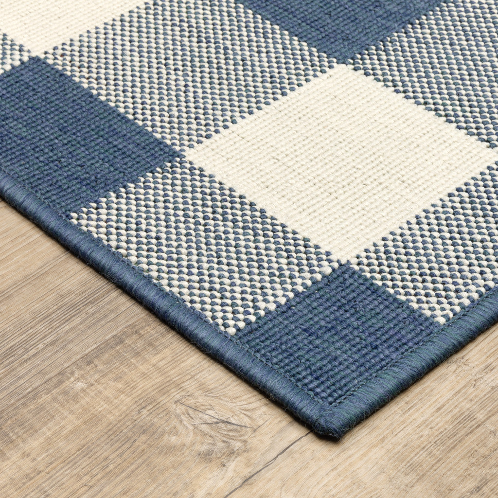 2' X 3' Blue and Ivory Geometric Stain Resistant Indoor Outdoor Area Rug