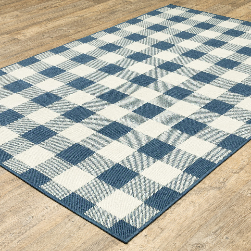 2' X 3' Blue and Ivory Geometric Stain Resistant Indoor Outdoor Area Rug