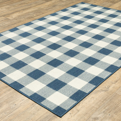 2' X 3' Blue and Ivory Geometric Stain Resistant Indoor Outdoor Area Rug