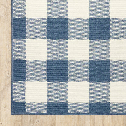 2' X 3' Blue and Ivory Geometric Stain Resistant Indoor Outdoor Area Rug