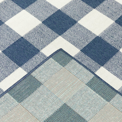 2' X 8' Blue and Ivory Geometric Stain Resistant Indoor Outdoor Area Rug