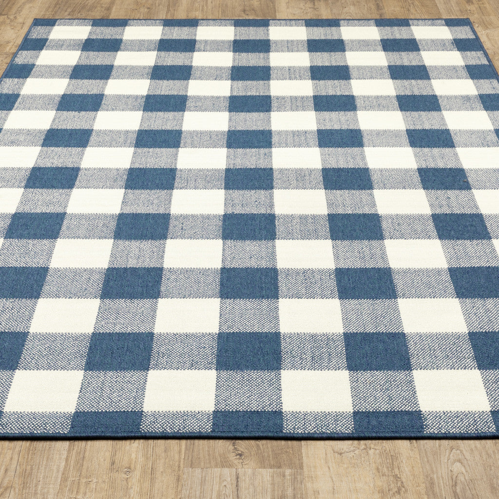 4' X 6' Blue and Ivory Geometric Stain Resistant Indoor Outdoor Area Rug