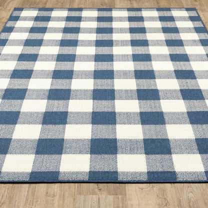 8' X 11' Blue and Ivory Geometric Stain Resistant Indoor Outdoor Area Rug