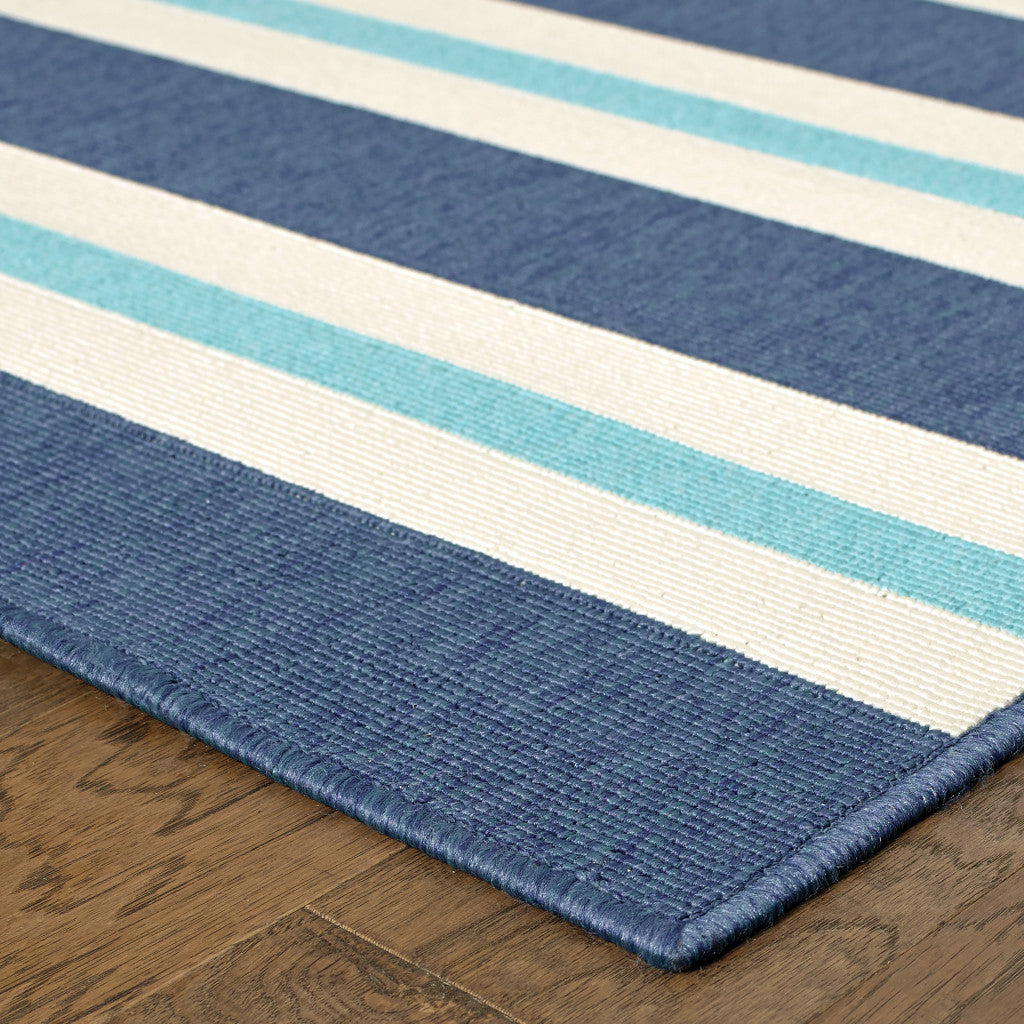 2' X 8' Blue and Ivory Geometric Stain Resistant Indoor Outdoor Area Rug