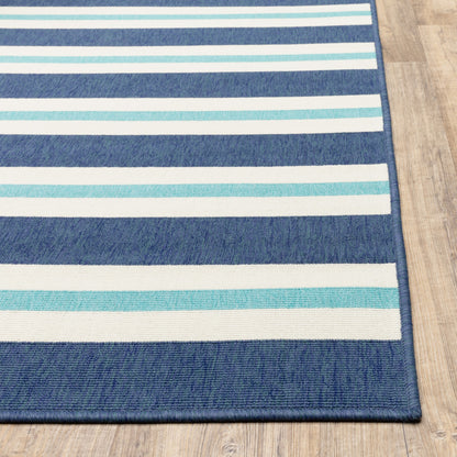 2' X 8' Blue and Ivory Geometric Stain Resistant Indoor Outdoor Area Rug