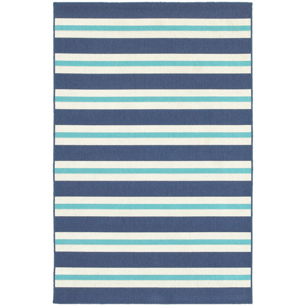 4' X 6' Blue and Ivory Geometric Stain Resistant Indoor Outdoor Area Rug