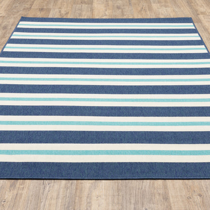 4' X 6' Blue and Ivory Geometric Stain Resistant Indoor Outdoor Area Rug