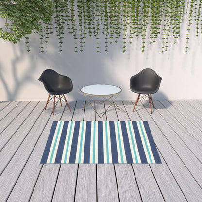 5' X 8' Blue and Ivory Geometric Stain Resistant Indoor Outdoor Area Rug