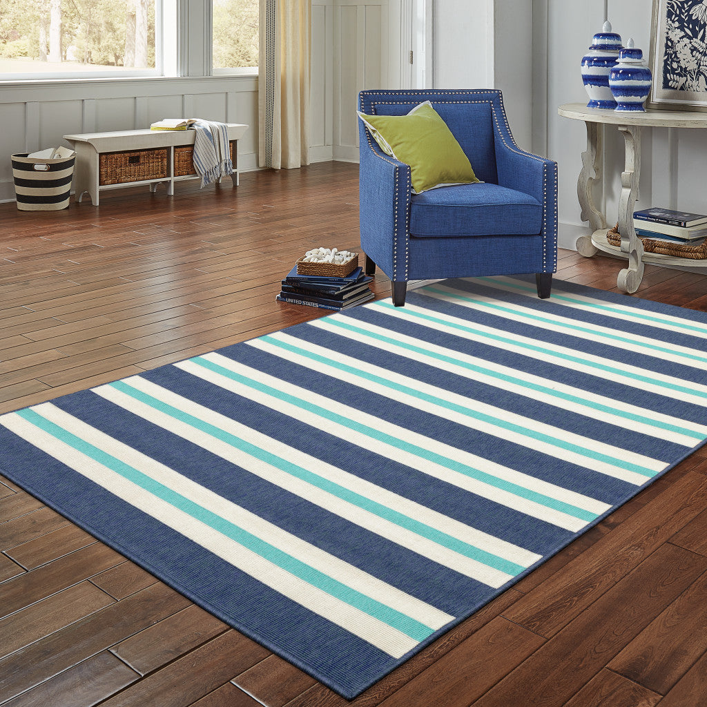 8' X 11' Blue and Ivory Geometric Stain Resistant Indoor Outdoor Area Rug