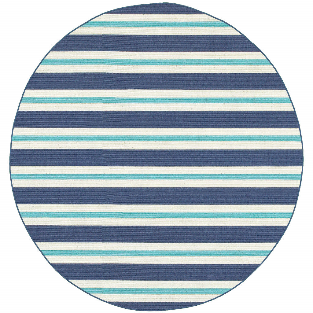 8' X 8' Blue and Ivory Round Geometric Stain Resistant Indoor Outdoor Area Rug