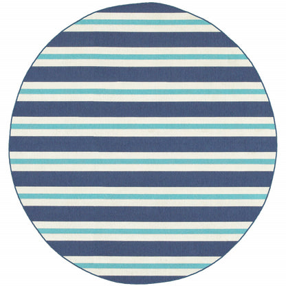 8' X 8' Blue and Ivory Round Geometric Stain Resistant Indoor Outdoor Area Rug