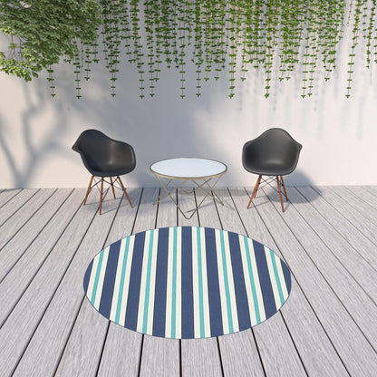 8' X 8' Blue and Ivory Round Geometric Stain Resistant Indoor Outdoor Area Rug