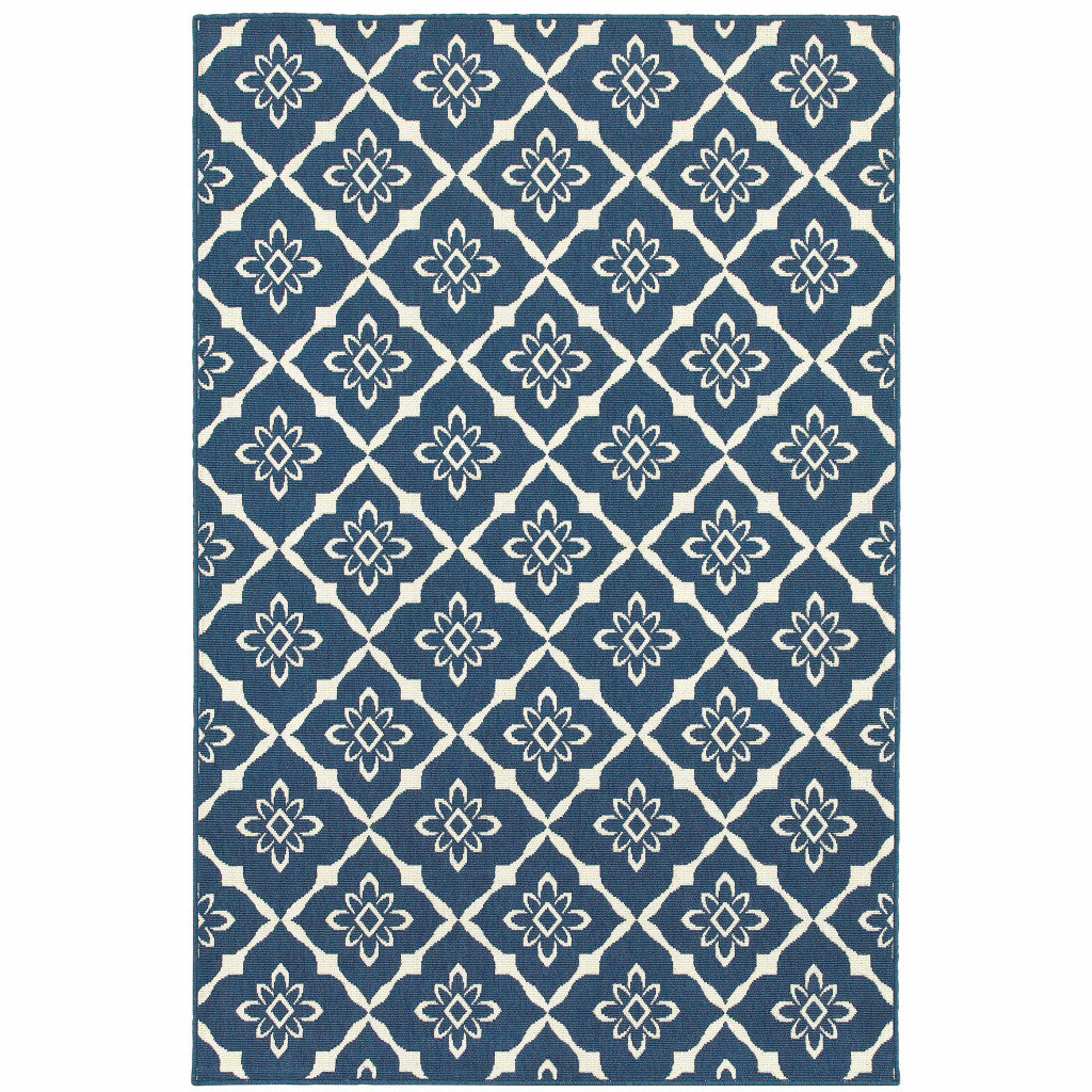 2' X 3' Blue and Ivory Floral Stain Resistant Indoor Outdoor Area Rug