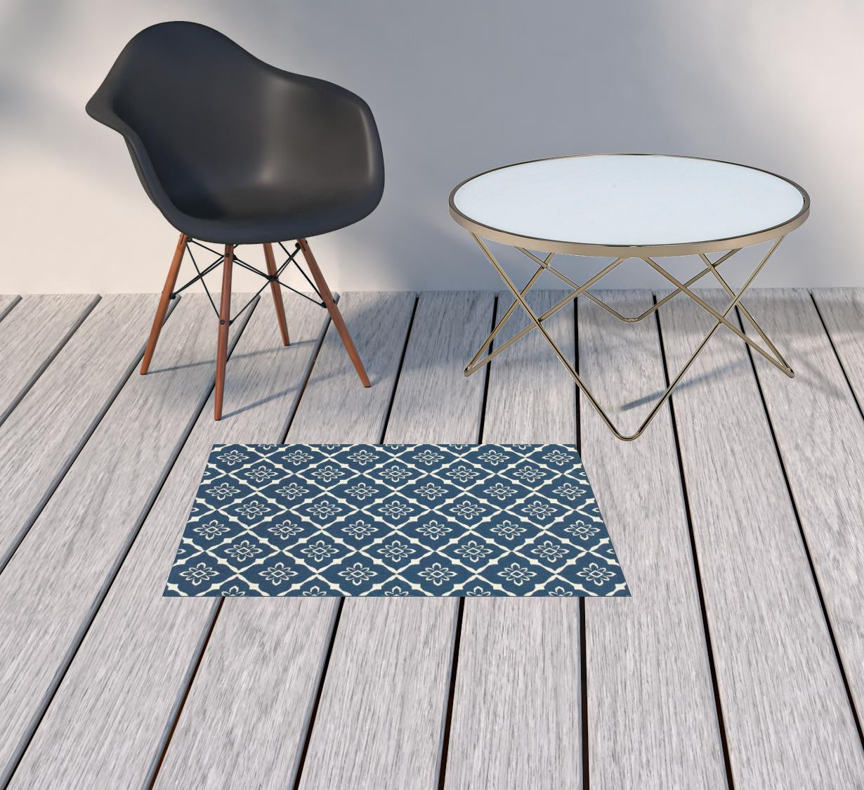 2' X 3' Blue and Ivory Floral Stain Resistant Indoor Outdoor Area Rug