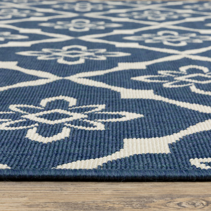 2' X 3' Blue and Ivory Floral Stain Resistant Indoor Outdoor Area Rug