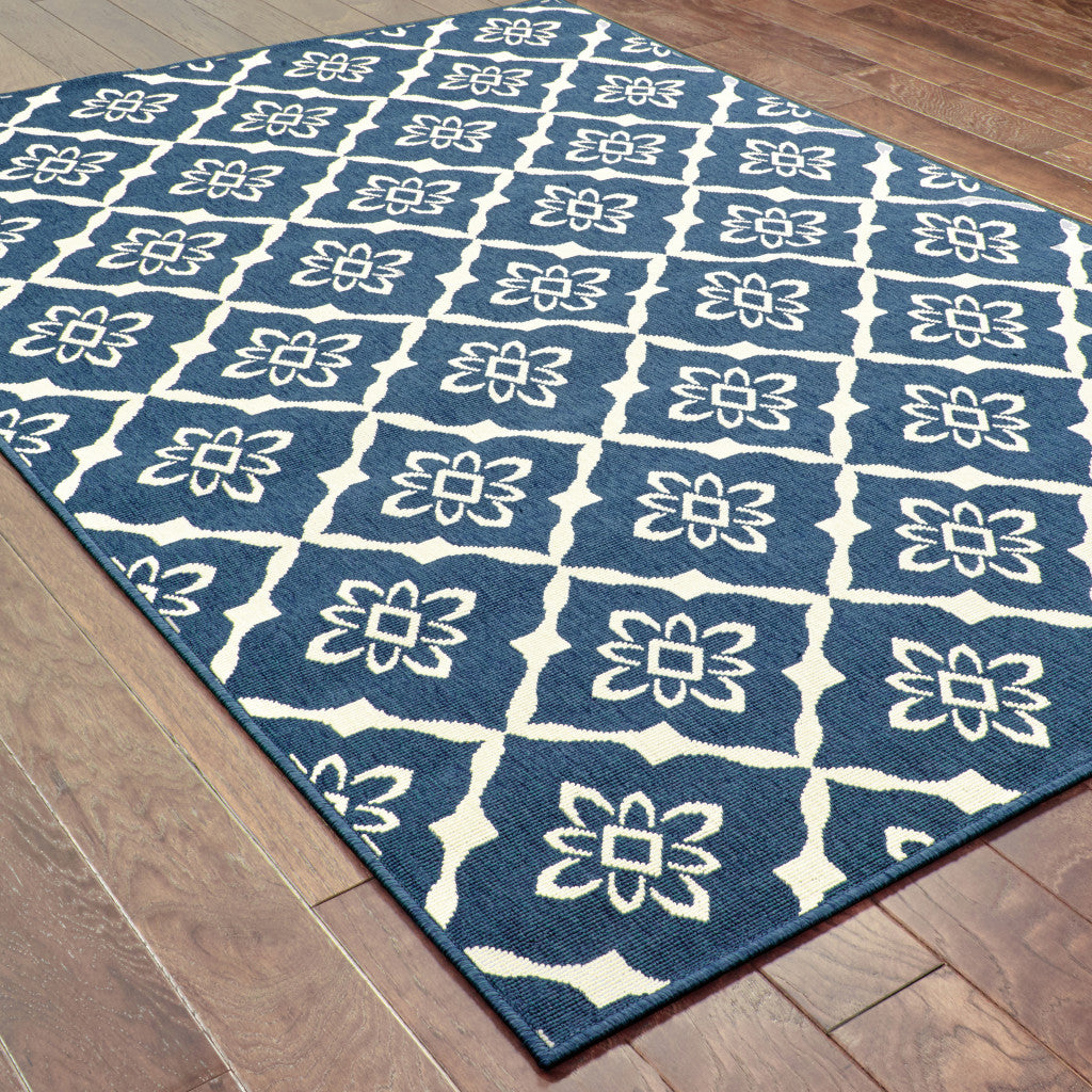 2' X 3' Blue and Ivory Floral Stain Resistant Indoor Outdoor Area Rug