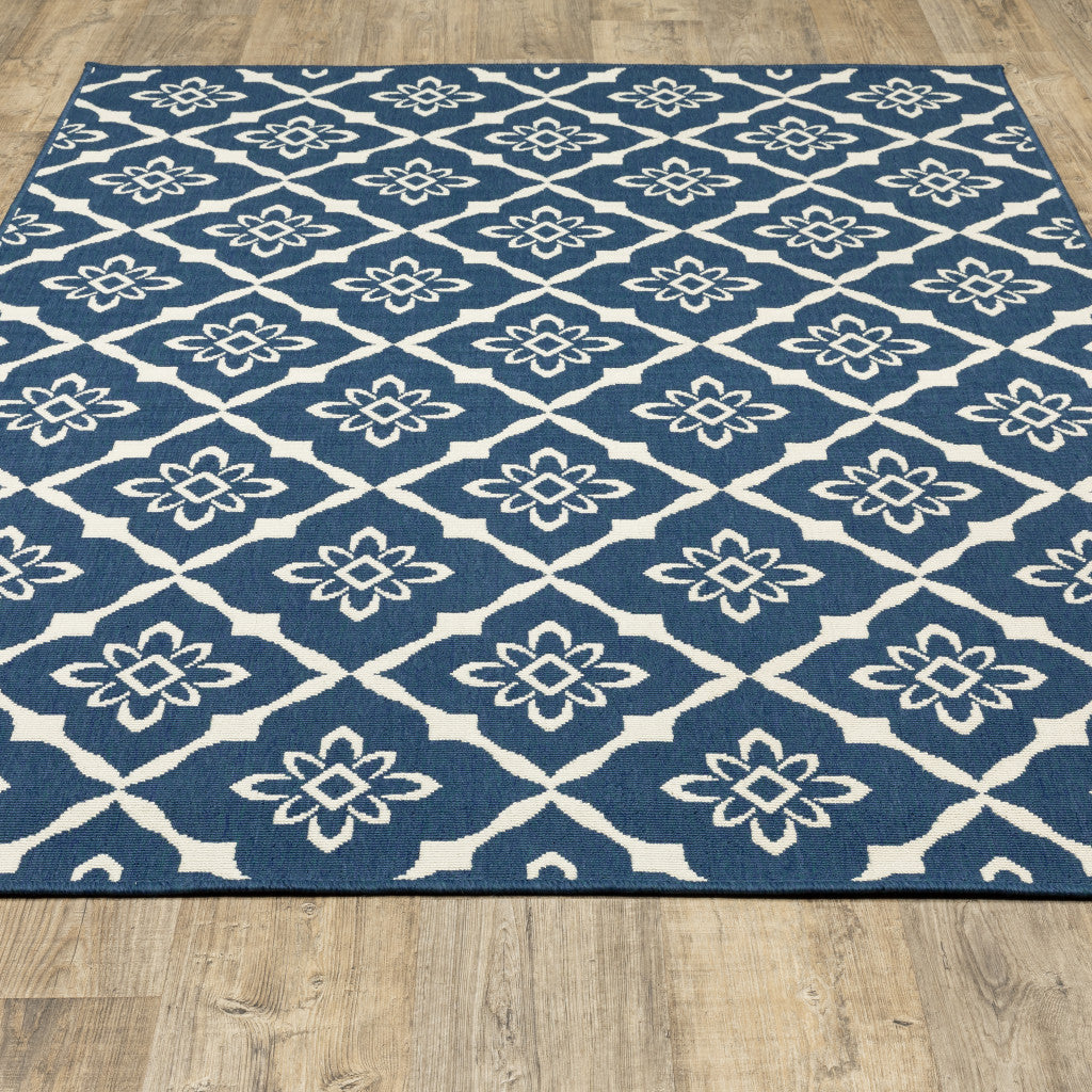 2' X 3' Blue and Ivory Floral Stain Resistant Indoor Outdoor Area Rug