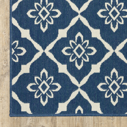 2' X 3' Blue and Ivory Floral Stain Resistant Indoor Outdoor Area Rug