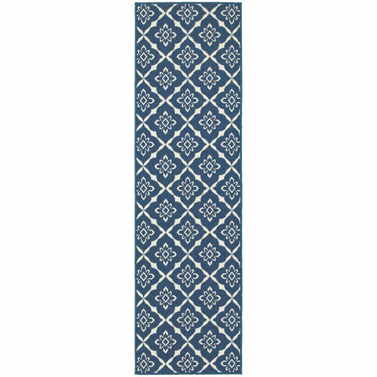 2' X 8' Blue and Ivory Floral Stain Resistant Indoor Outdoor Area Rug