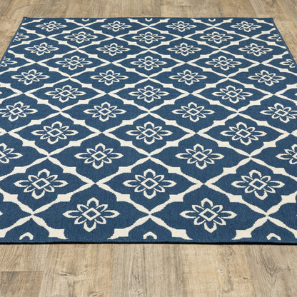 8' X 11' Blue and Ivory Floral Stain Resistant Indoor Outdoor Area Rug