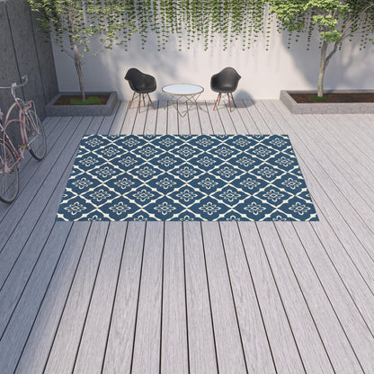 9' X 13' Blue and Ivory Floral Stain Resistant Indoor Outdoor Area Rug