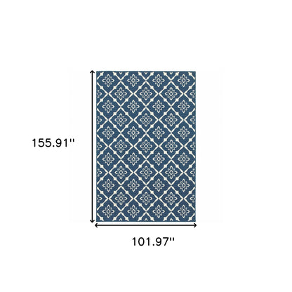 9' X 13' Blue and Ivory Floral Stain Resistant Indoor Outdoor Area Rug