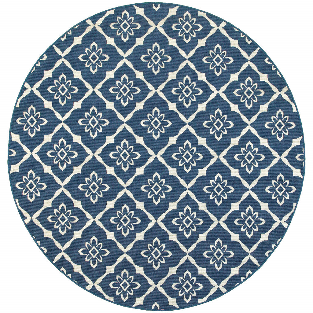 8' X 8' Blue and Ivory Round Floral Stain Resistant Indoor Outdoor Area Rug