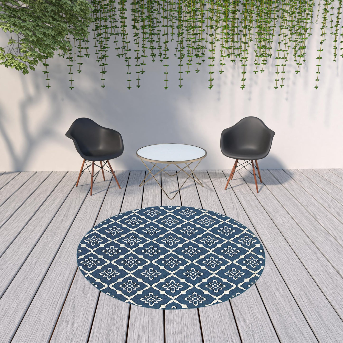 8' X 8' Blue and Ivory Round Floral Stain Resistant Indoor Outdoor Area Rug