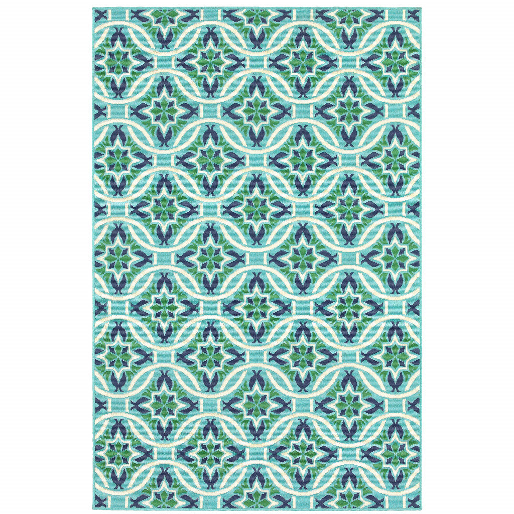 2' X 3' Blue and Green Geometric Stain Resistant Indoor Outdoor Area Rug