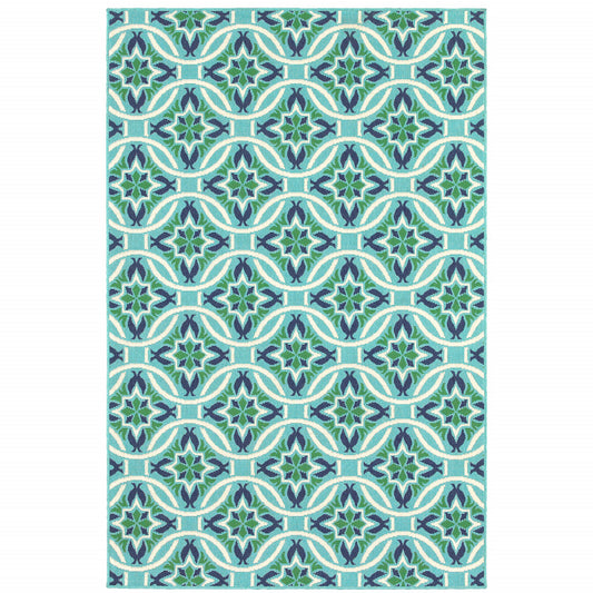 2' X 3' Blue and Green Geometric Stain Resistant Indoor Outdoor Area Rug