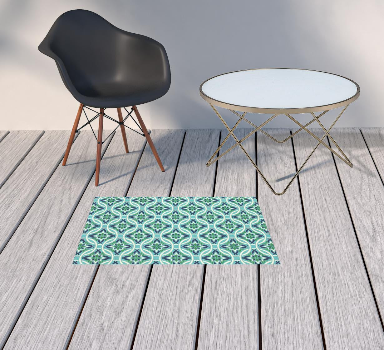 2' X 3' Blue and Green Geometric Stain Resistant Indoor Outdoor Area Rug