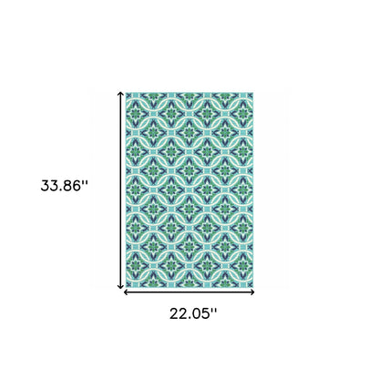 2' X 3' Blue and Green Geometric Stain Resistant Indoor Outdoor Area Rug