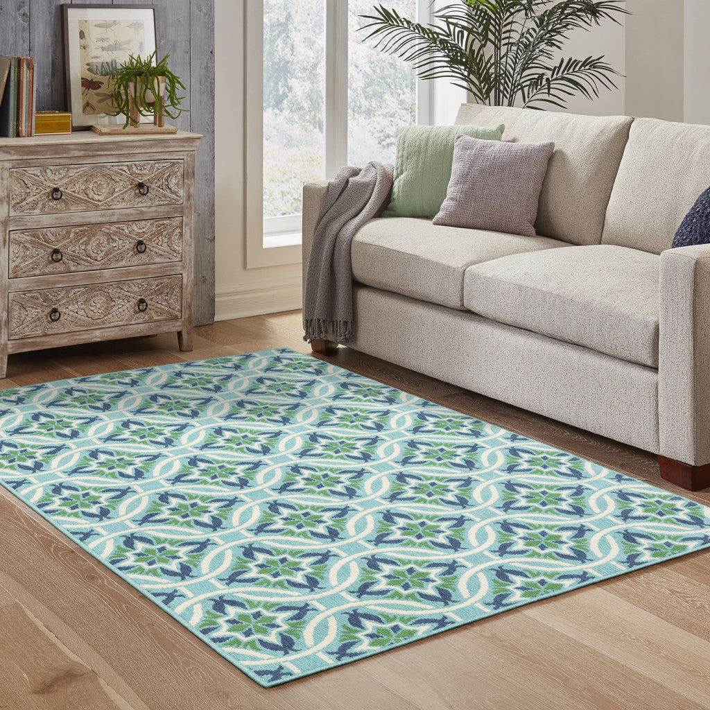 2' X 3' Blue and Green Geometric Stain Resistant Indoor Outdoor Area Rug