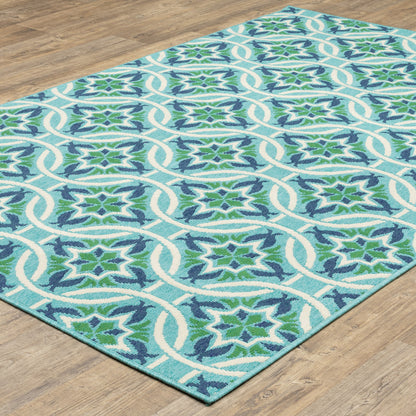 2' X 3' Blue and Green Geometric Stain Resistant Indoor Outdoor Area Rug