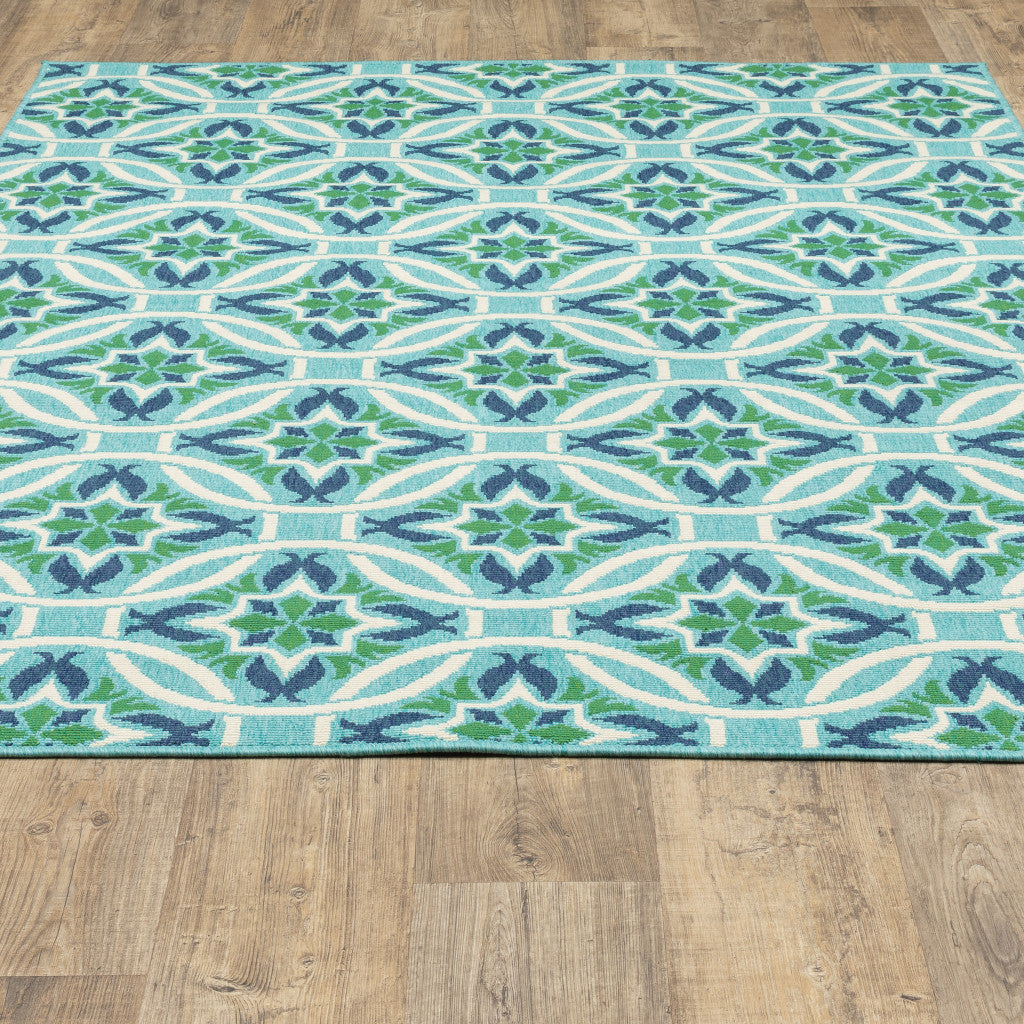 2' X 3' Blue and Green Geometric Stain Resistant Indoor Outdoor Area Rug