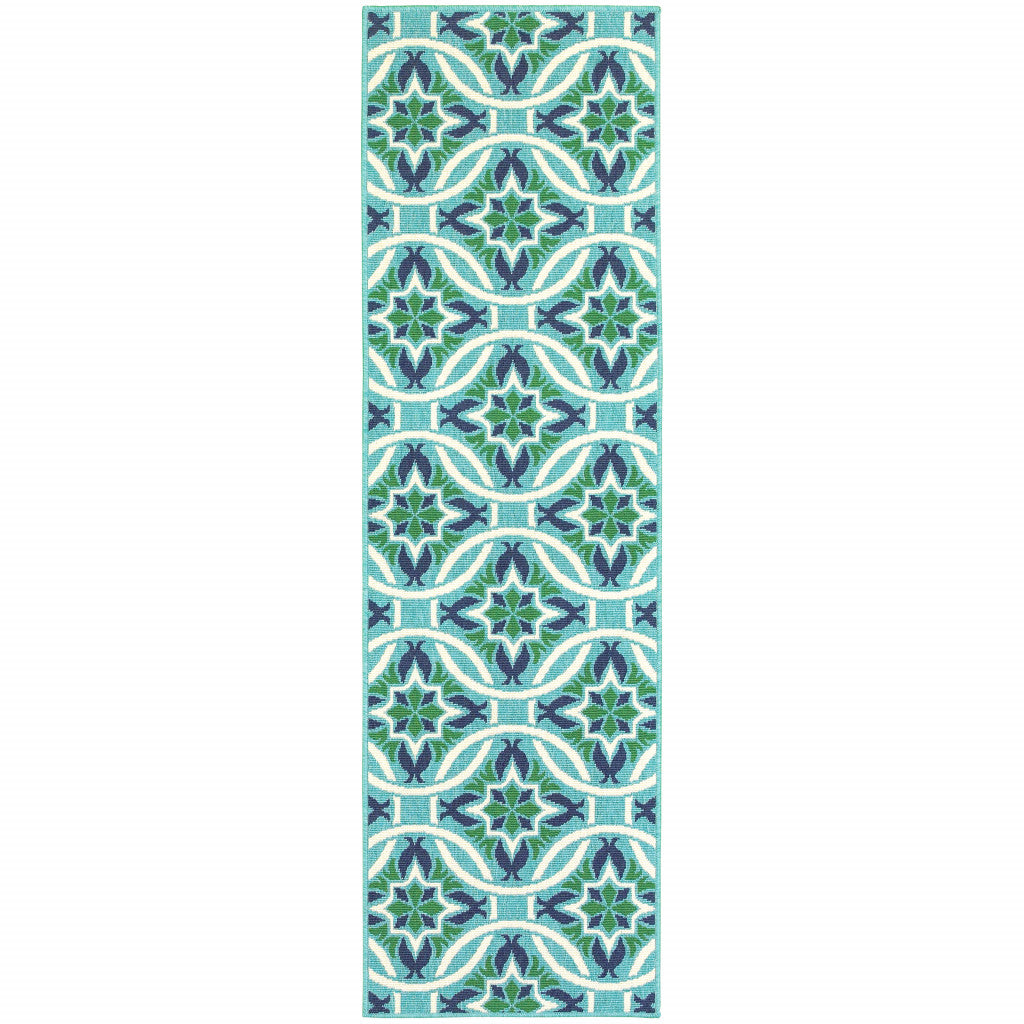 2' X 8' Blue and Green Geometric Stain Resistant Indoor Outdoor Area Rug