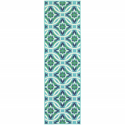 2' X 8' Blue and Green Geometric Stain Resistant Indoor Outdoor Area Rug