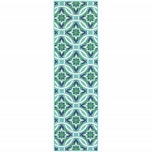 2' X 8' Blue and Green Geometric Stain Resistant Indoor Outdoor Area Rug