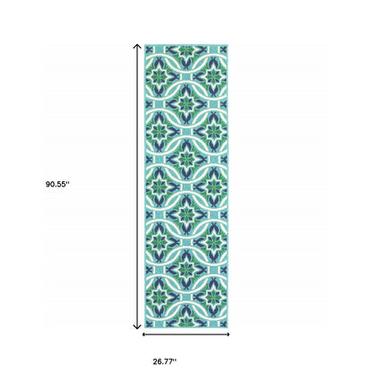 2' X 8' Blue and Green Geometric Stain Resistant Indoor Outdoor Area Rug