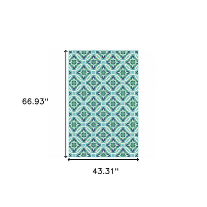 4' X 6' Blue and Green Geometric Stain Resistant Indoor Outdoor Area Rug