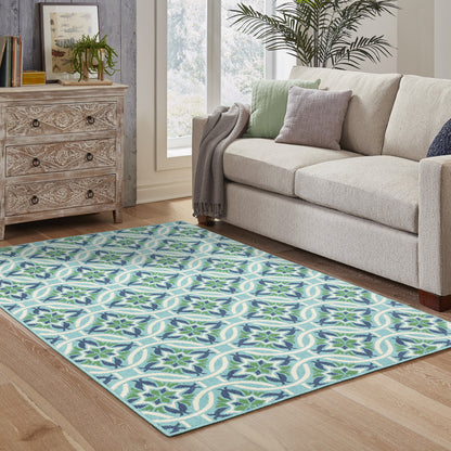 4' X 6' Blue and Green Geometric Stain Resistant Indoor Outdoor Area Rug