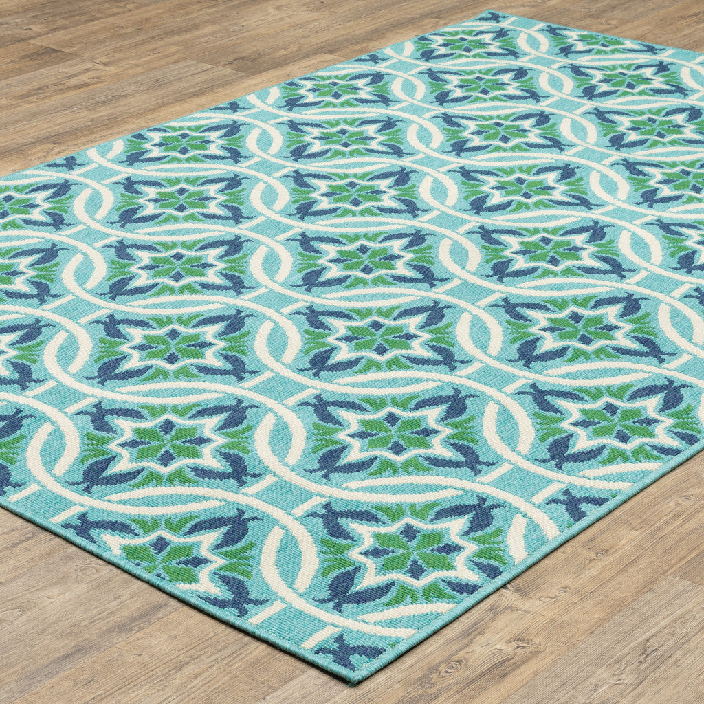 4' X 6' Blue and Green Geometric Stain Resistant Indoor Outdoor Area Rug