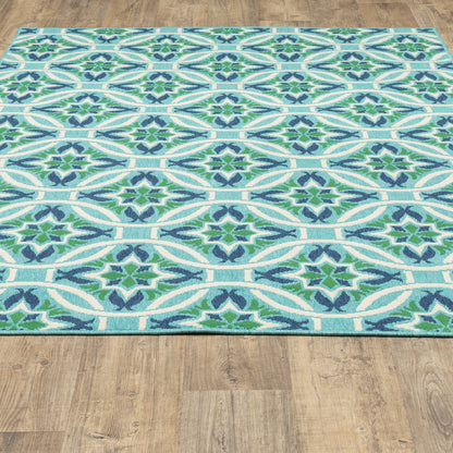 4' X 6' Blue and Green Geometric Stain Resistant Indoor Outdoor Area Rug