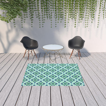 5' X 8' Blue and Green Geometric Stain Resistant Indoor Outdoor Area Rug