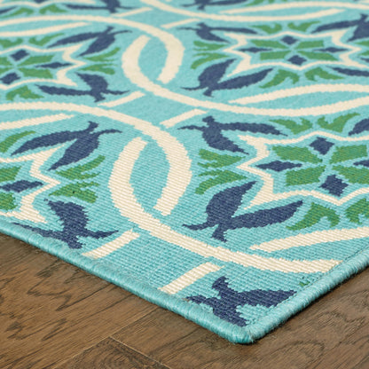 5' X 8' Blue and Green Geometric Stain Resistant Indoor Outdoor Area Rug