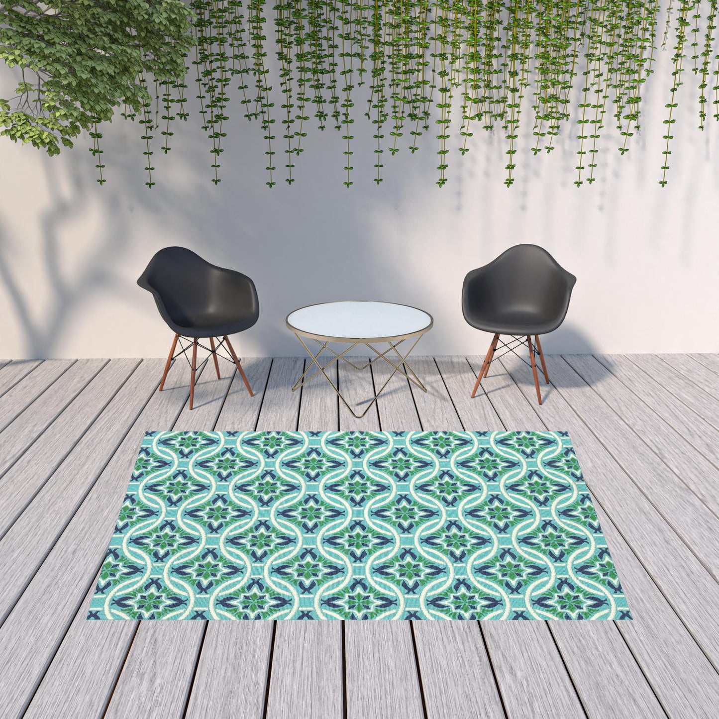 7' X 10' Blue and Green Geometric Stain Resistant Indoor Outdoor Area Rug