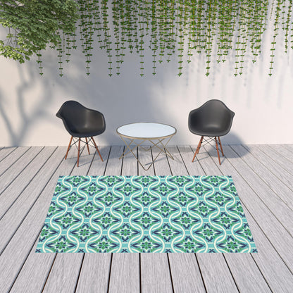 7' X 10' Blue and Green Geometric Stain Resistant Indoor Outdoor Area Rug